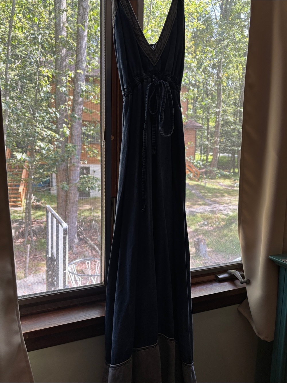 Anthropologie Navy Deep V Maxi Slip Dress with Waist Tie